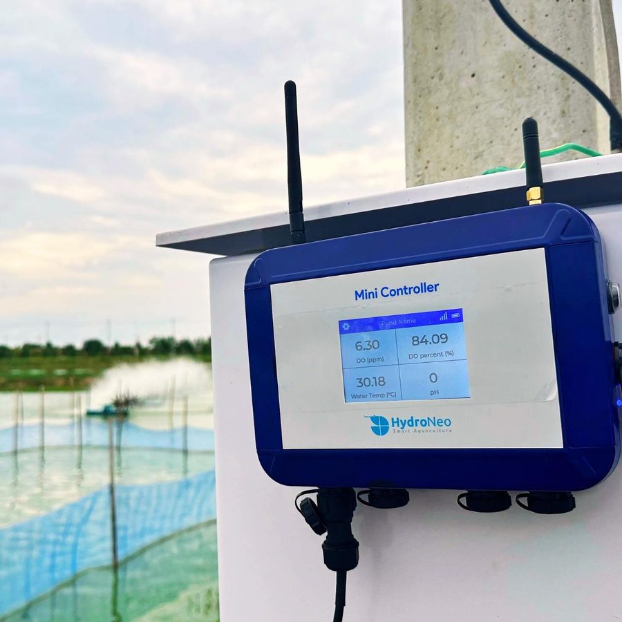 HydroNeo Mini Controller PRO mounted at the edge of a shrimp pond, displaying live DO, DO%, water temperature and pH on its 3.5″ touchscreen