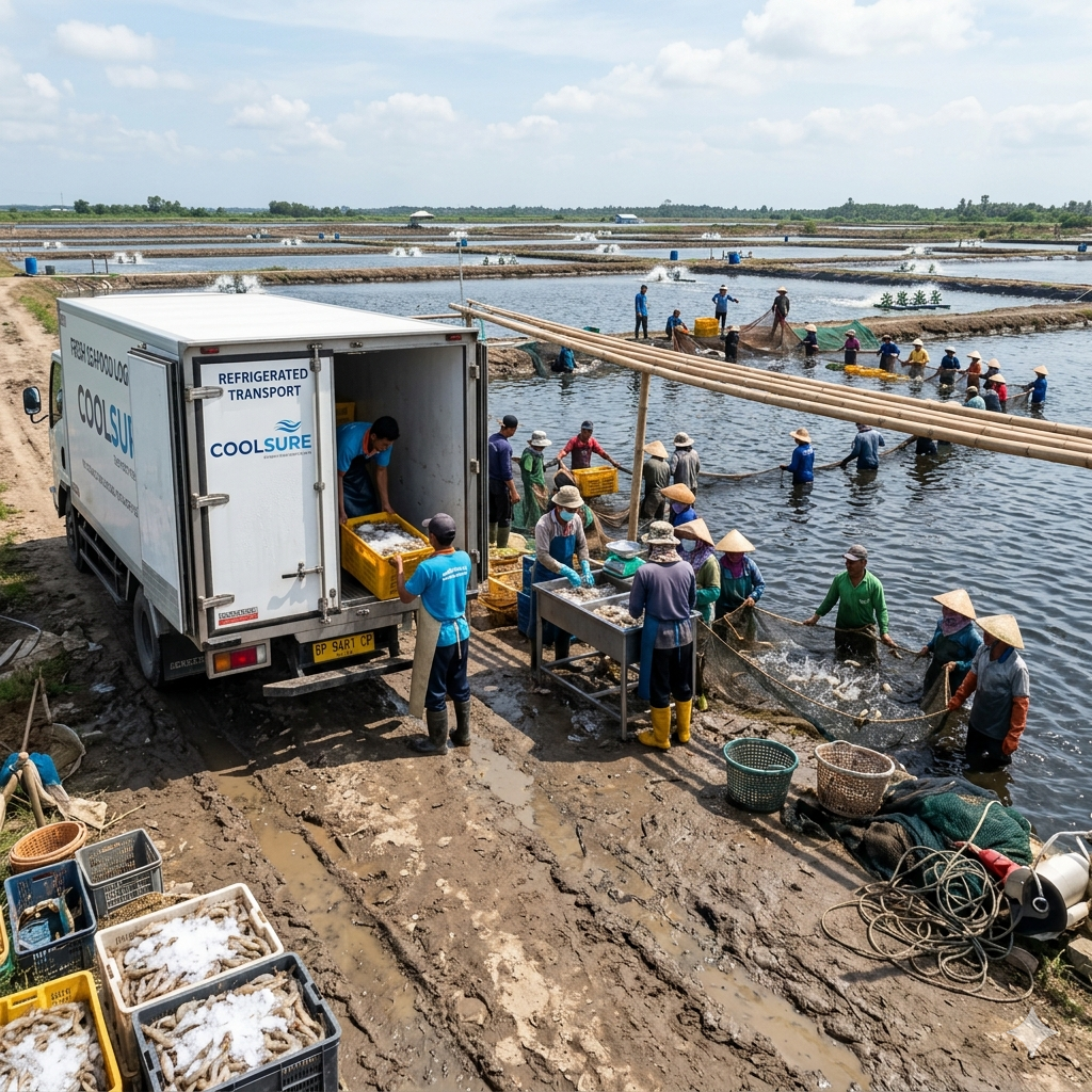 Shrimp harvest logistics with farmers, cold-chain transport, and pond operations