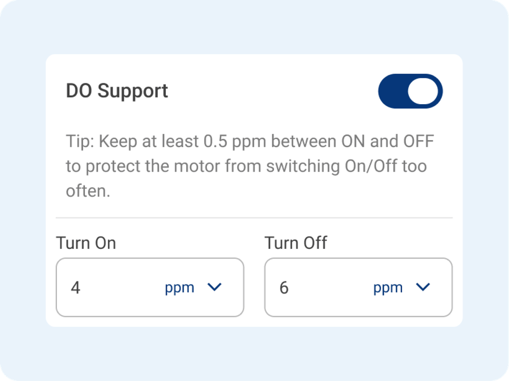 FarmOS DO Support automation screen with the rule switched on, aeration set to turn on at 4 ppm and off at 6 ppm
