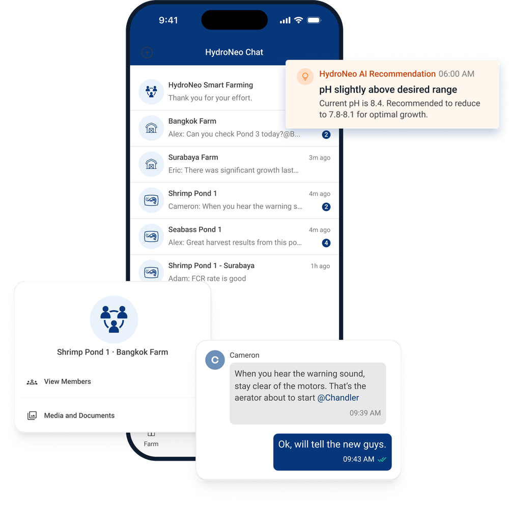 FarmOS HydroNeo Chat inbox with a HydroNeo AI recommendation flagging pH at 8.4 as slightly above the desired range, a Shrimp Pond 1, Bangkok Farm workspace overlay showing View Members and Media and Documents, and a chat thread where Cameron tells the team to stay clear of the motors when the warning sound starts