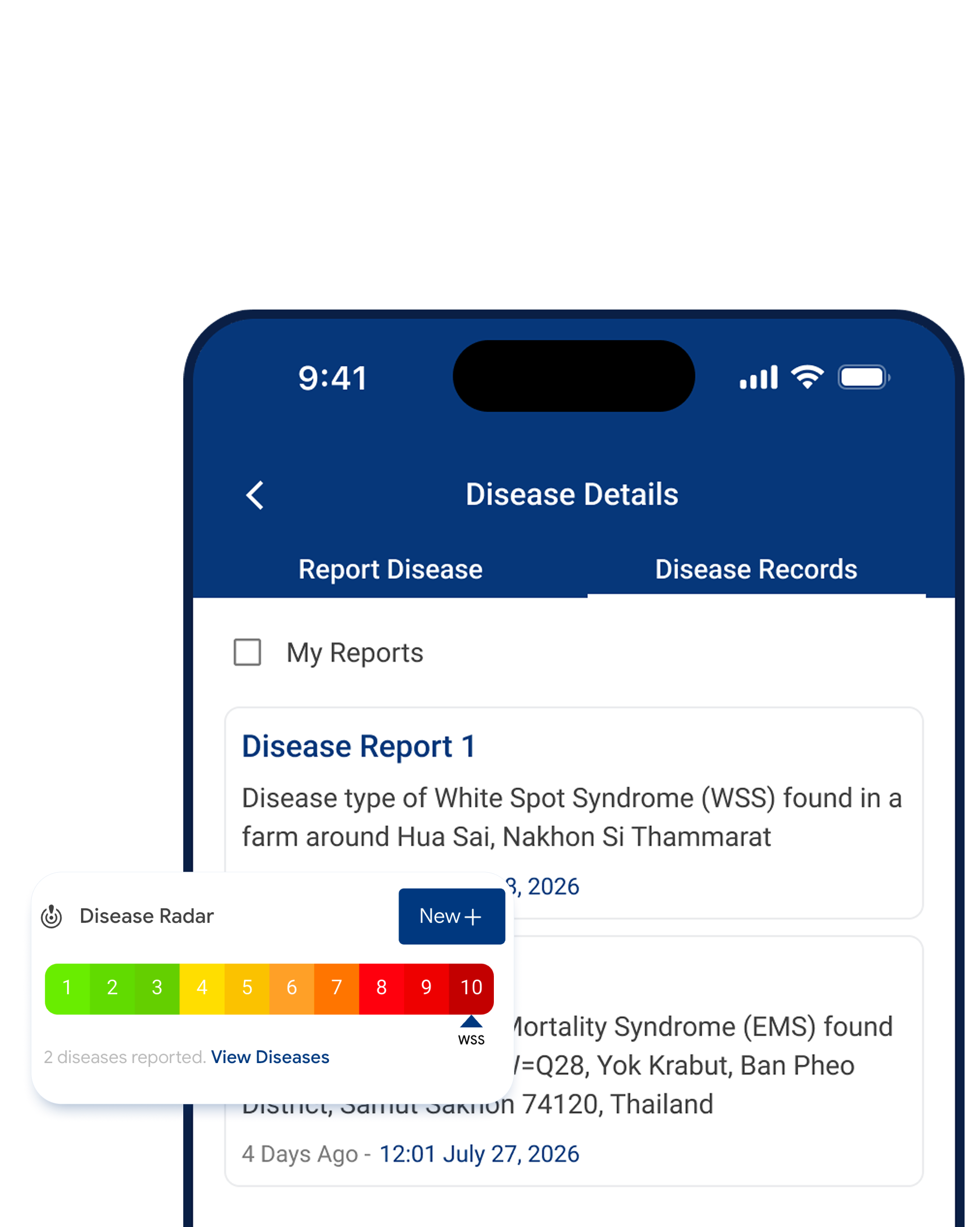 FarmOS Disease Details screen showing the Disease Records tab with two reported diseases, and the Disease Radar floating widget overlapping from the lower left with a risk scale from 1 to 10 and 2 diseases reported nearby