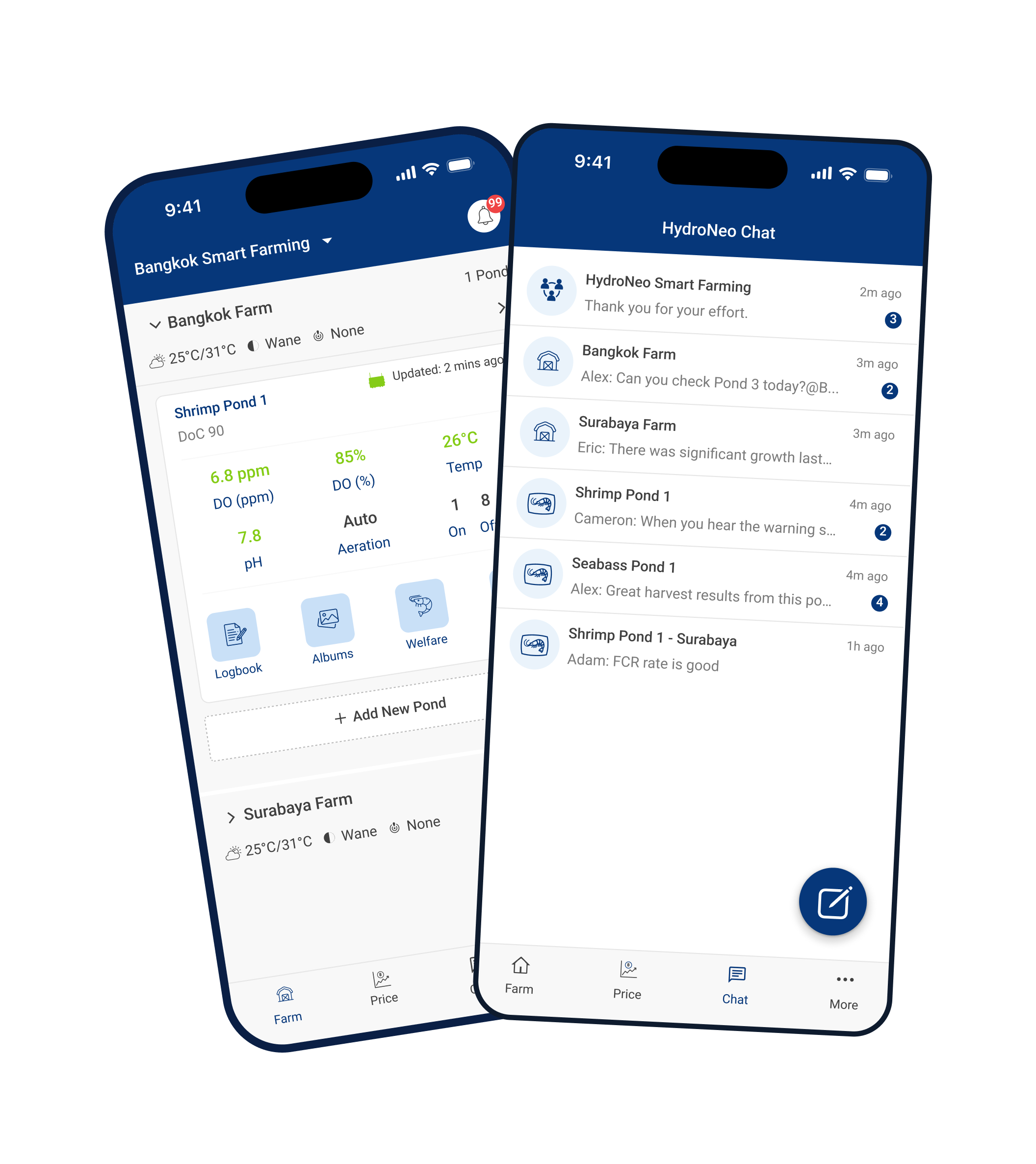 HydroNeo FarmOS app showing the Bangkok Farm dashboard with Pond A3's live dissolved oxygen, pH and temperature readings, and the HydroNeo Chat inbox with team messages
