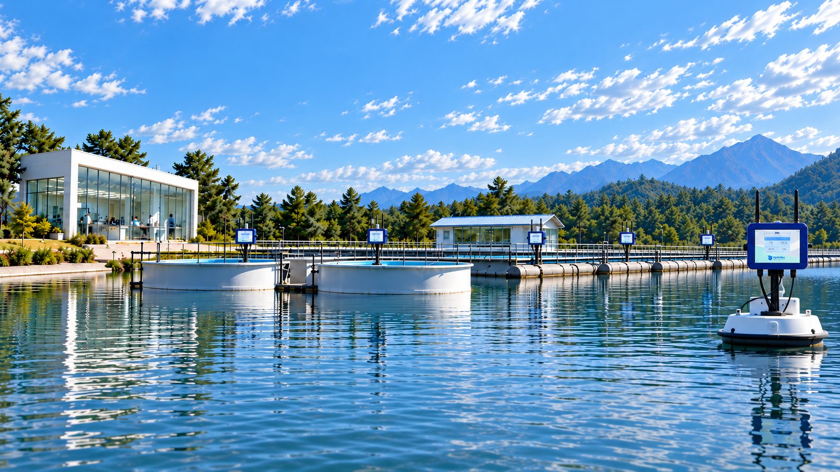 Research environments in one landscape: a laboratory building, experimental tanks, a pond area with HydroNeo controllers on the walkway, and a forested shoreline with mountains