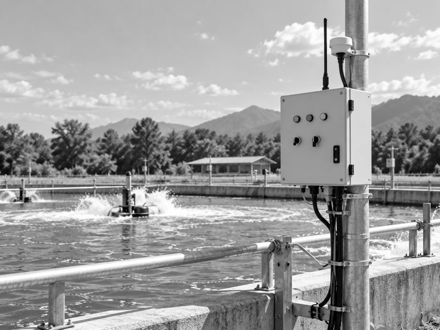 A fixed control cabinet bolted to a pole beside an aerated pond