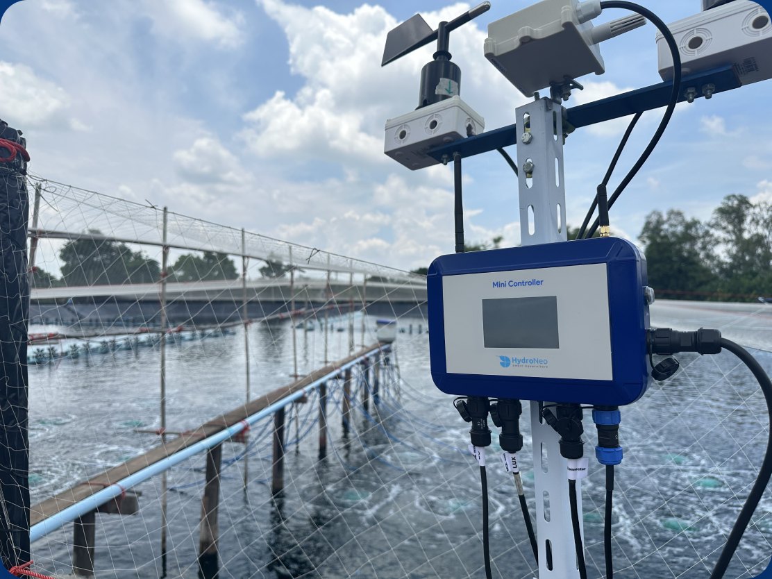 HydroNeo Mini Controller mounted on a pole beside a netted, aerated shrimp pond, with sensor cables running to the water