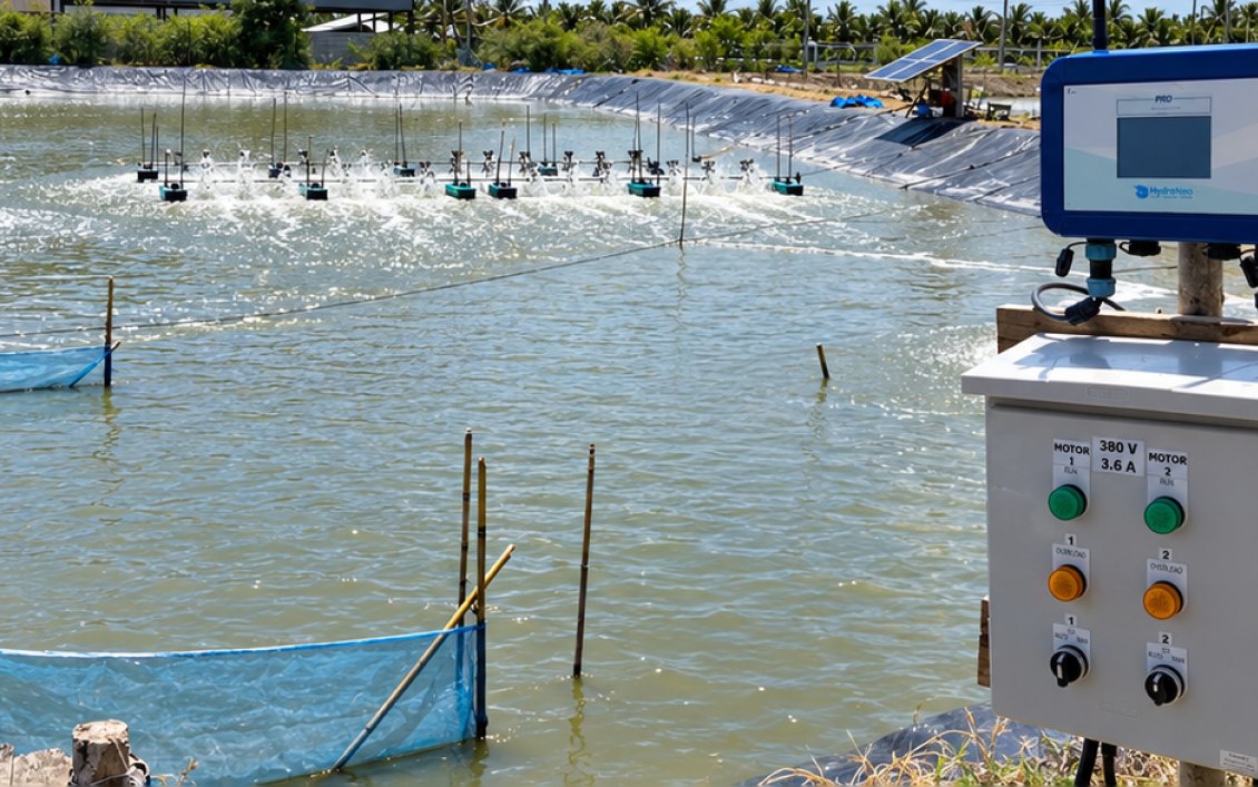 HydroNeo Mini Controller Pro and control panel beside an aerated pond at the Reef & River farm in Thailand