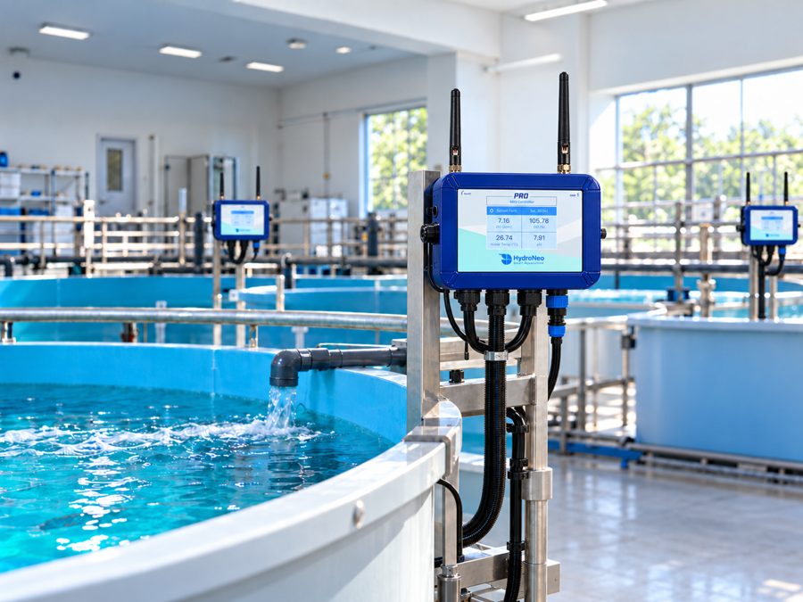 HydroNeo Mini Controller Pro mounted beside laboratory tanks