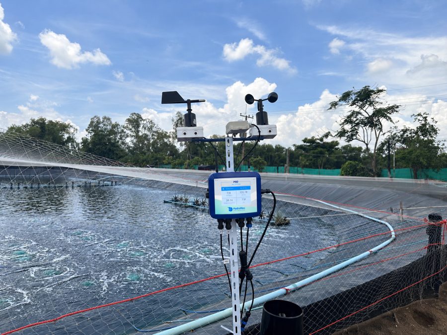 HydroNeo Mini Controller Pro installed on a post at a lined commercial shrimp pond