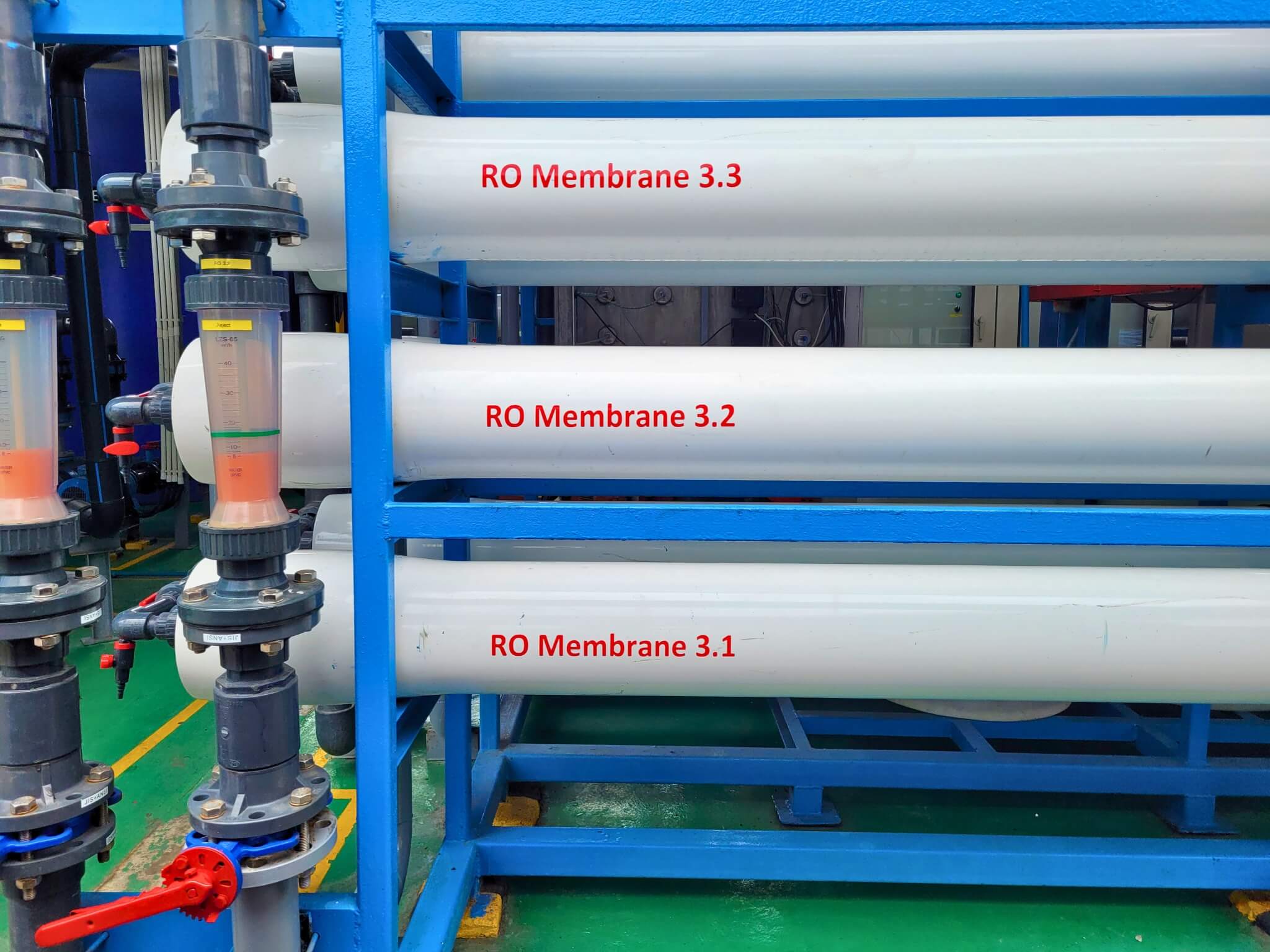 Reverse osmosis (RO) membrane system with labeled filtration units in an industrial water treatment setup