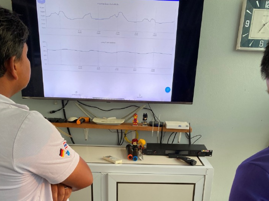 Staff analyze shrimp pond water quality in real-time using HydroNeo’s technology.